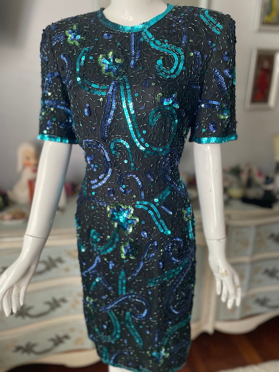 Teal and Blue Sequin Black Party Dress "Stenay" 80