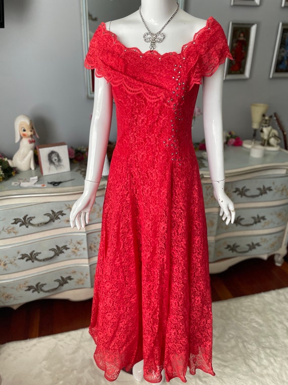 Vintage 1930s Style Coral Red Poppy Lace Evening … - image 2