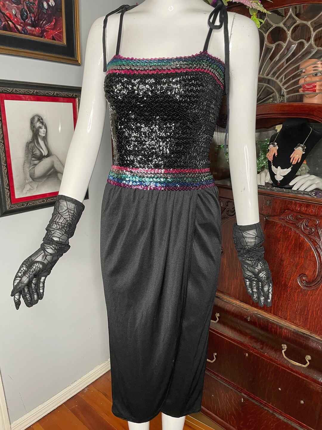70's/80's Black Disco Beaded Applique Party Dress by Darcy