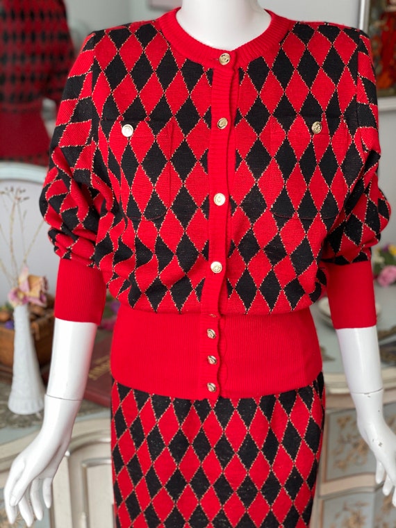 Vintage Red and Black Harlequin Knit Skirt and Sw… - image 6