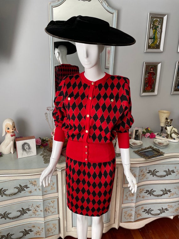 Vintage Red and Black Harlequin Knit Skirt and Sw… - image 1