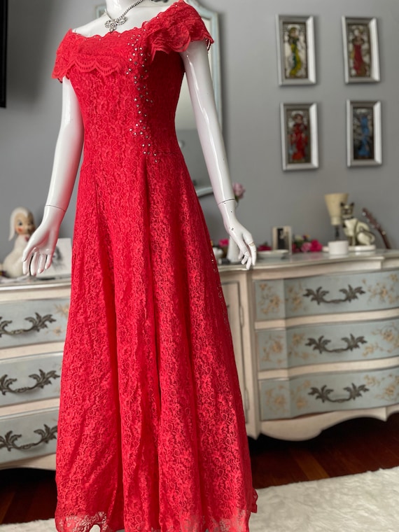 Vintage 1930s Style Coral Red Poppy Lace Evening … - image 3