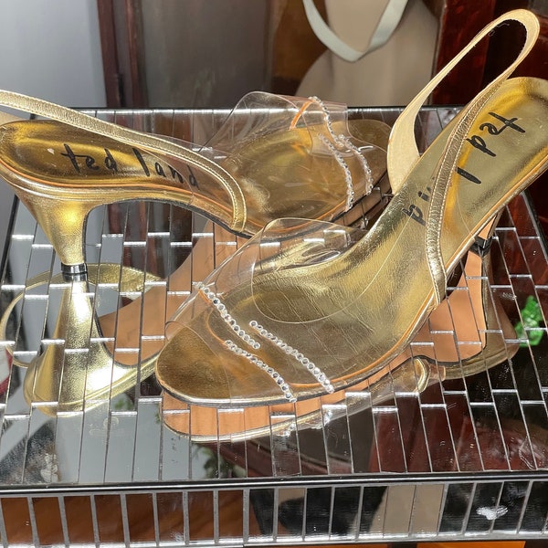 Gold Clear Rhinestone 1960s "Ted Land of Palm Springs" Kitten Heels