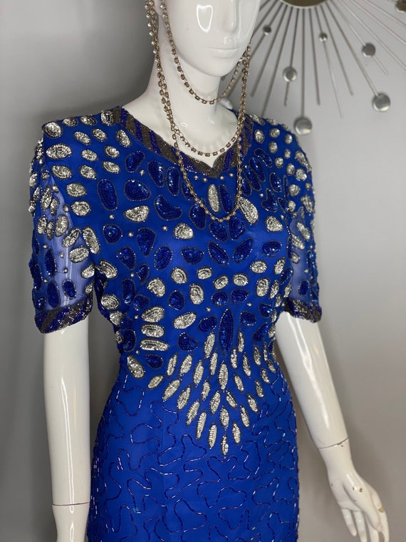 True Blue Sequin Teardrop 1980s Glamour Dress - image 8