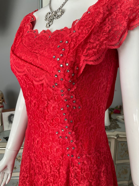 Vintage 1930s Style Coral Red Poppy Lace Evening … - image 7