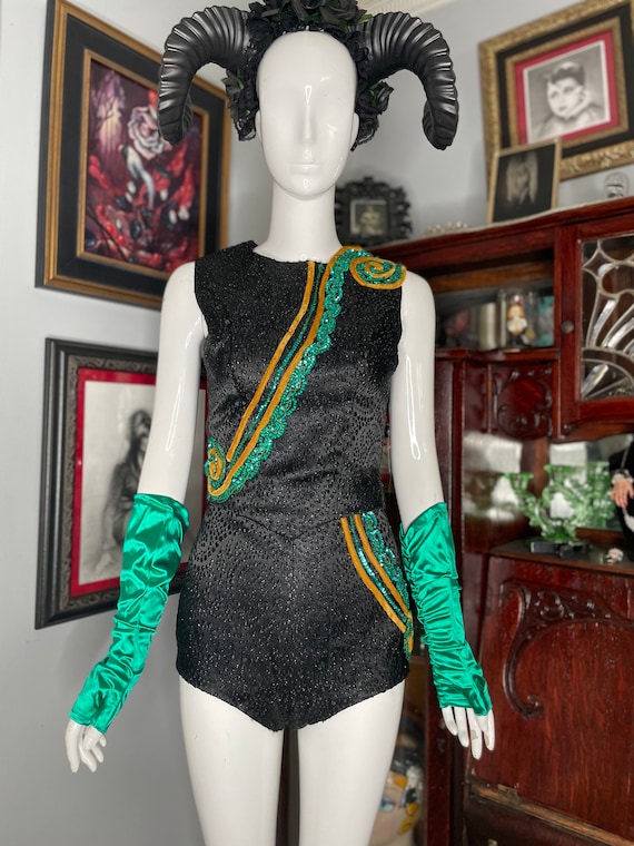 VTG Showgirl Circus 2-piece Costume Black Green G… - image 8