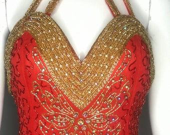 Vintage 90s Baluchi Valentine Sweetheart Red and Gold Burlesque Gown with Rhinestones