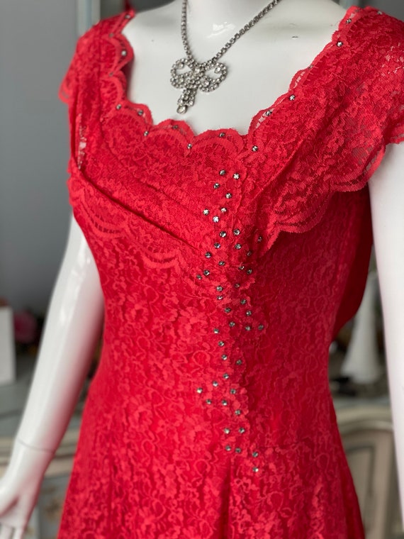 Vintage 1930s Style Coral Red Poppy Lace Evening … - image 9