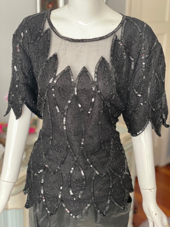 Black Sheer Beaded Spiderweb Sequin Blouse Nude I… - image 2