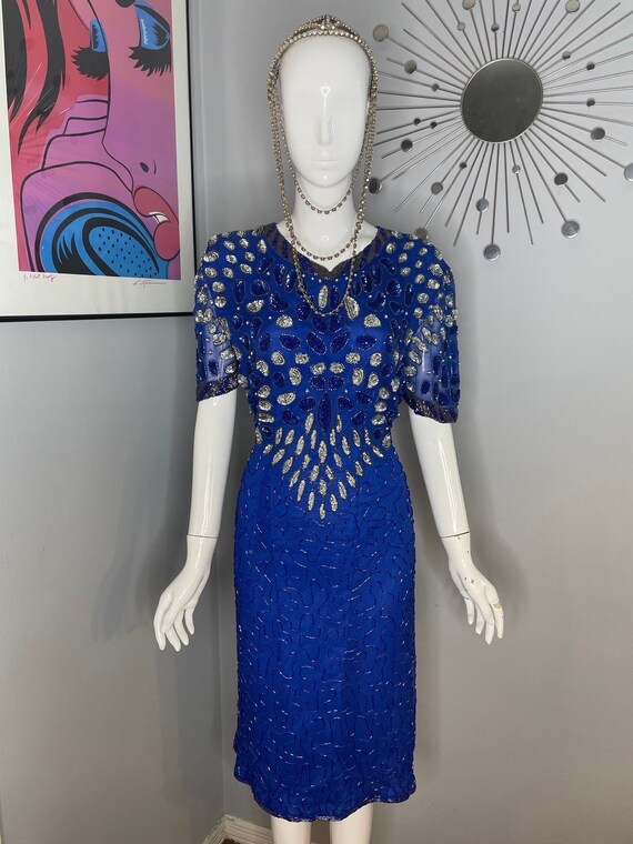 True Blue Sequin Teardrop 1980s Glamour Dress - image 5