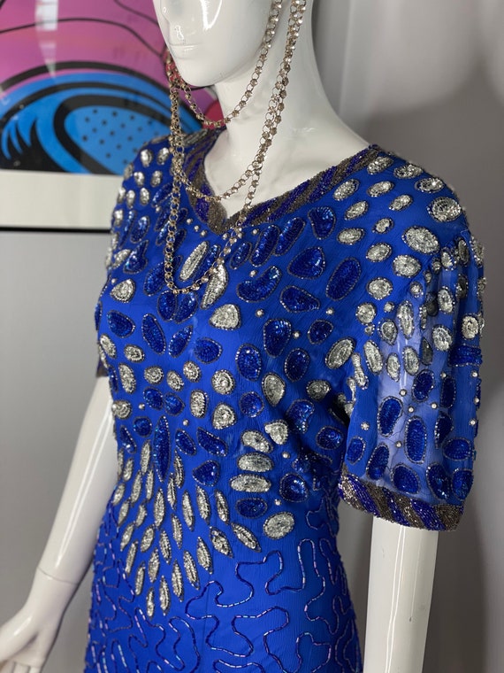 True Blue Sequin Teardrop 1980s Glamour Dress - image 4