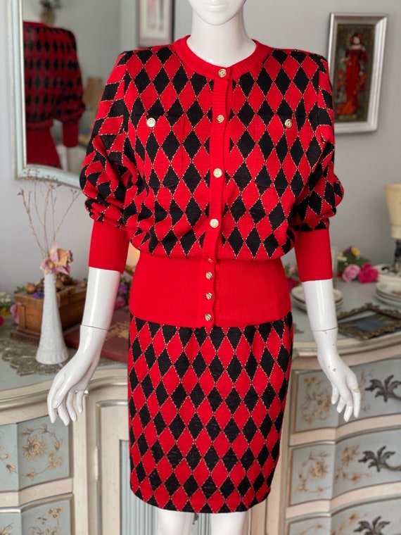 Vintage Red and Black Harlequin Knit Skirt and Sw… - image 2