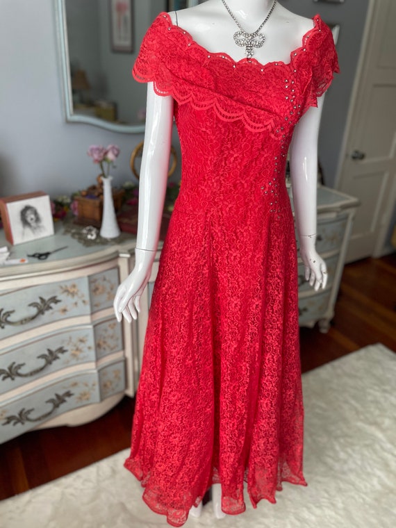 Vintage 1930s Style Coral Red Poppy Lace Evening … - image 4