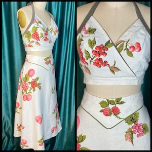 1940s Tablecloth 2-Piece Halter Top and Skirt Set Cherries Berries Peaches