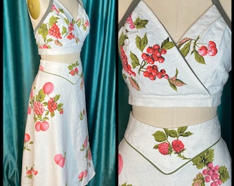 1940s Tablecloth 2-Piece Halter Top and Skirt Set Cherries Berries Peaches