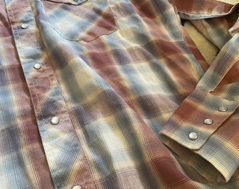 Vintage Western Shirt Wrangler Plaid Pearl Buttons Western Wear Baby Blue