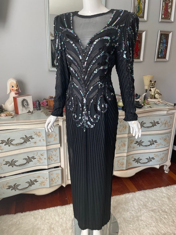 1980s AJ Bari Beaded Black Sequin Evening Gown Bur