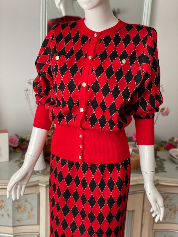 Vintage Red and Black Harlequin Knit Skirt and Sw… - image 8