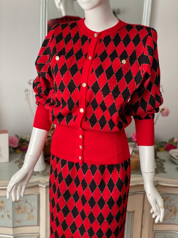Vintage rode en zwarte harlekijn gebreide rok en trui set Etsy Nederland