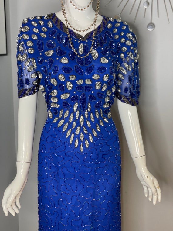 True Blue Sequin Teardrop 1980s Glamour Dress