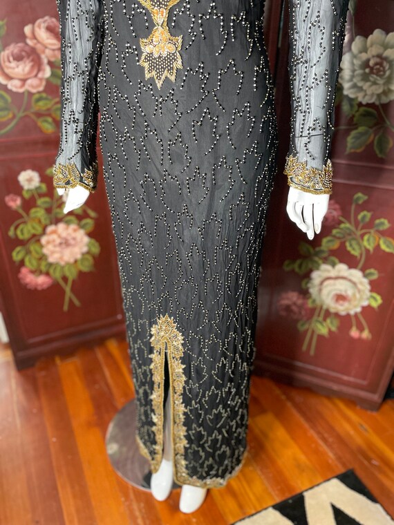 Black and Gold Beaded Sheer Sleeves and Front Slit Evening Dress Vintage 80s Etsy UK