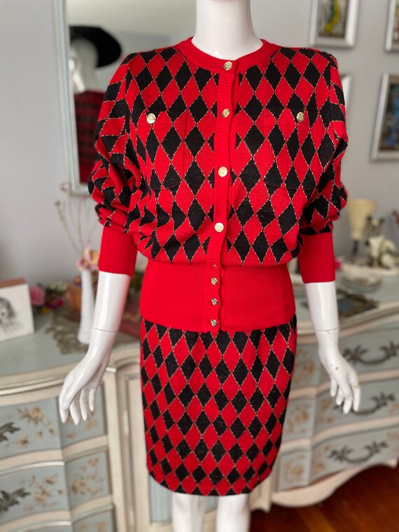 Vintage Red and Black Harlequin Knit Skirt and Sw… - image 5