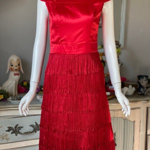 Red Satin Fringe Wiggle Dress Vintage 60s image 4