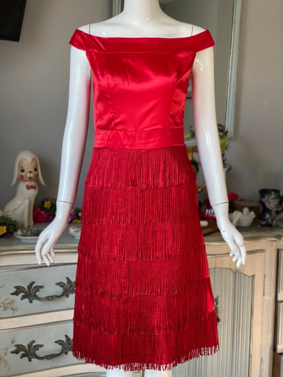 Red Satin Fringe Wiggle Dress Vintage 60s - image 4