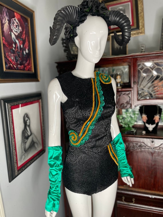 VTG Showgirl Circus 2-piece Costume Black Green G… - image 3