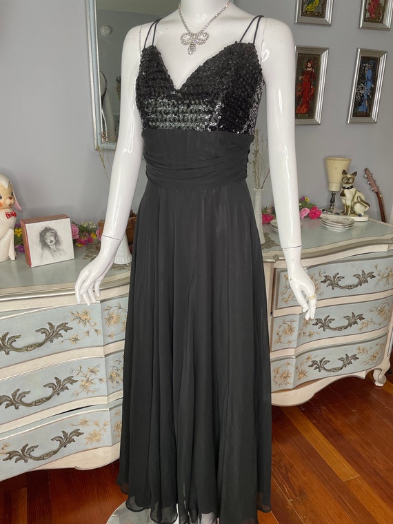 1960s Inky Black Sequined Evening Gown with Full … - image 2