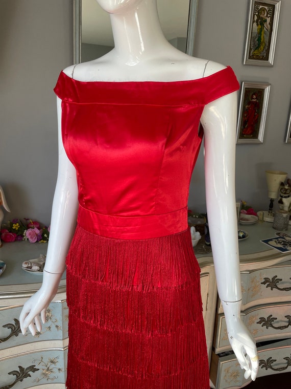 Red Satin Fringe Wiggle Dress Vintage 60s - image 3