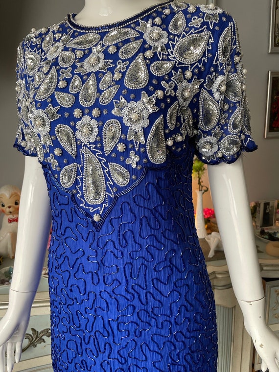Beaded Blue and Silver Sequined Silk 80s 90s Eveni