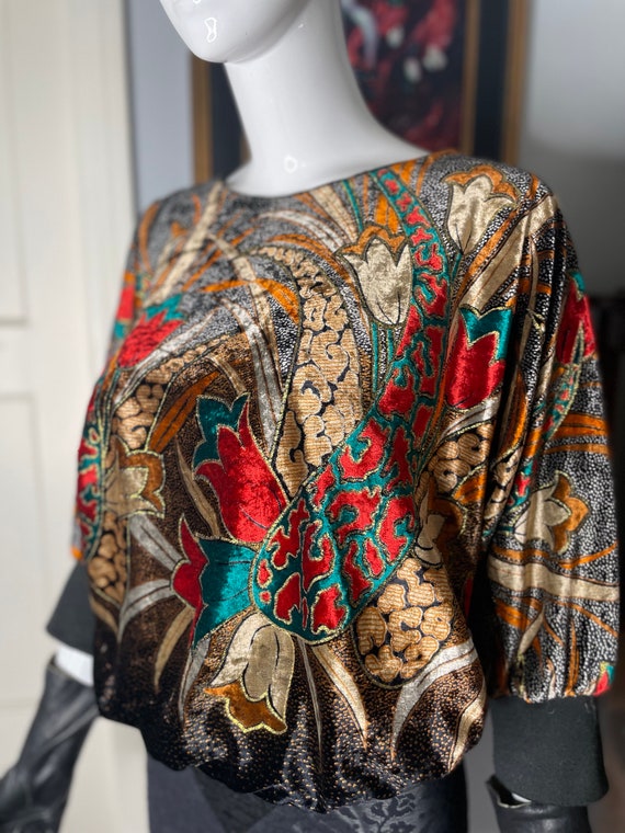 VTG 80s Western Connection Velvet Floral Top Gold… - image 4