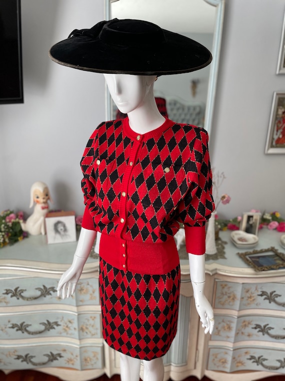 Vintage Red and Black Harlequin Knit Skirt and Sw… - image 3