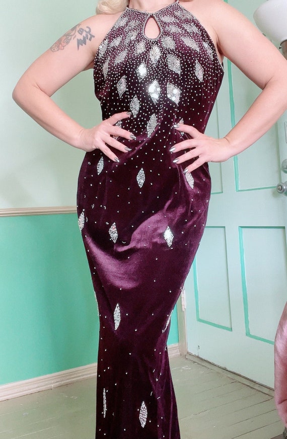 Purple Velvet Gown Silver Sequin Applique Showgirl