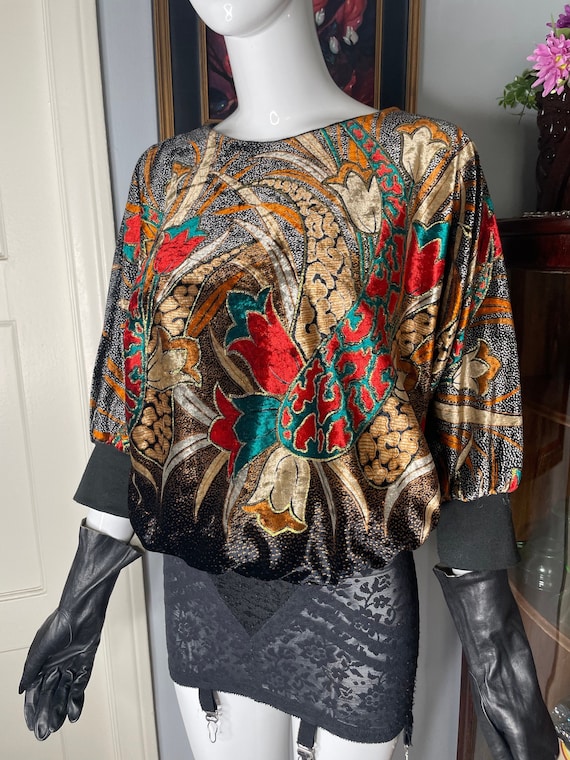 VTG 80s Western Connection Velvet Floral Top Gold… - image 1