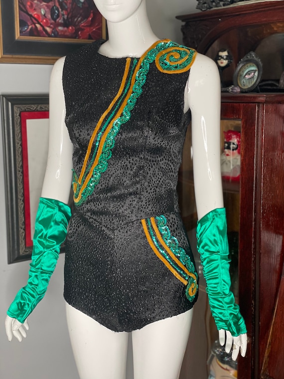 VTG Showgirl Circus 2-piece Costume Black Green G… - image 1