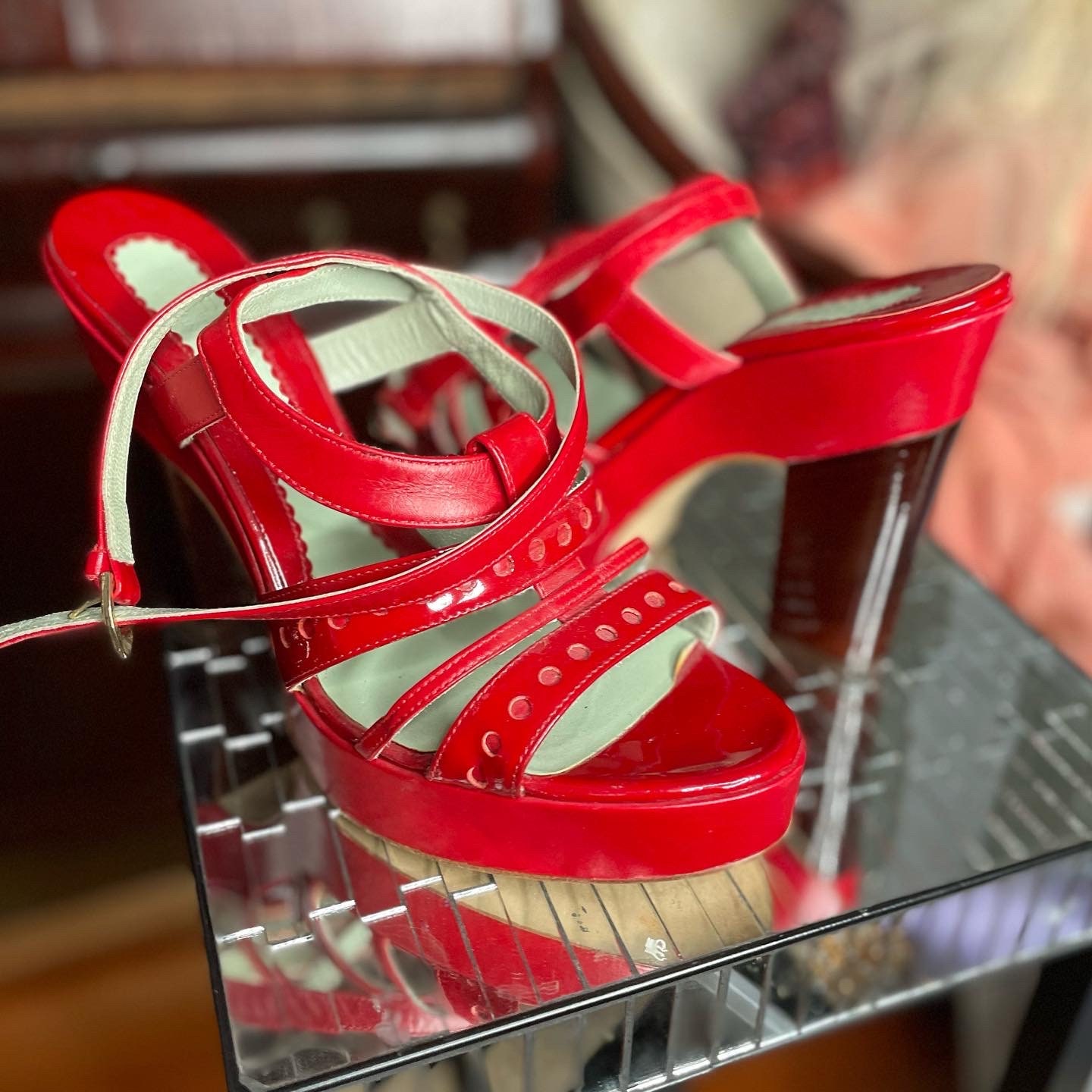 SportMax Cherry Red Ankle Strap Platform Wooden Heels Designer