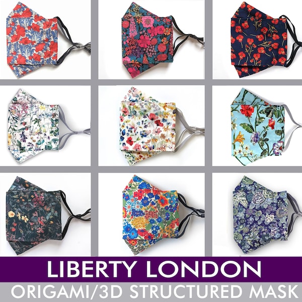 Origami 3D Cloth Face Mask - Choose from 70+ Liberty London Tana Lawn Prints - Nose Wire-Filter Pocket-3 Layer-Reusable Cotton Mask - 1 of 2