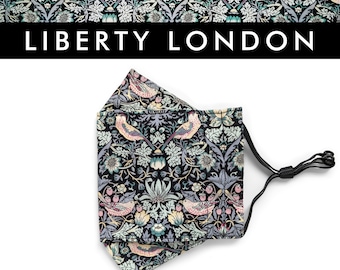 Liberty London Strawberry Thief Black Face Mask - Tana Lawn Origami 3D Fitted - Nose Wire, Filter Pocket, Three Layer, Organic Cotton Lining