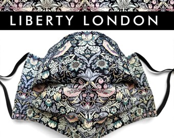Liberty of London Face Mask - Tana Lawn Cotton, Pleated - "Strawberry Thief Black" - Nose Wire, Filter Pocket, Organic Cotton Lining