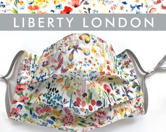 Liberty London Face Mask - Watercolor Floral "Felda C" - Nose Wire, Filter Pocket, Organic Cotton Lining or Unlined - Tana Lawn, Pleated