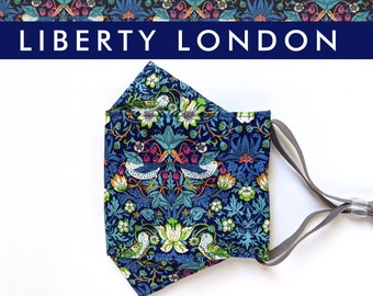 Liberty London Strawberry Thief Face Mask - Tana Lawn Cotton, Origami 3D Fitted - Nose Wire, Filter Pocket, Three Layer, Organic Lining