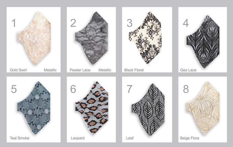 May include: Collection of eight face masks with various lace patterns. Designs include gold swirl, pewter lace, black floral, geo lace, teal smoke, leopard, leaf, and beige flora. Each mask is displayed on a white background.