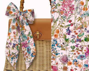 Liberty London Scarf - Purse-Hair-Neck - Choose length - Wild flowers Pink Floral Skinny Scarf Bow- Tie headband Handbag flair - Silky Lawn