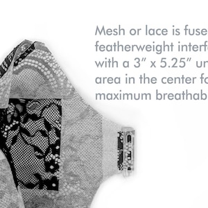 May include: Close-up of a face covering with mesh and lace detailing. The product features a 3" x 5.25" unfused area for breathability. The text on the product reads "love the look".