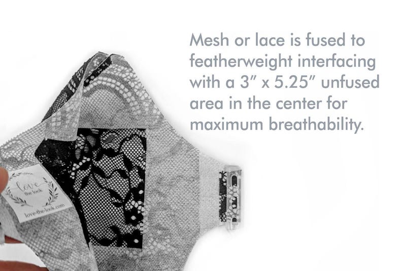 May include: Close-up of a face covering with mesh and lace detailing. The product features a 3" x 5.25" unfused area for breathability. The text on the product reads "love the look".