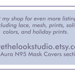May include: A rectangular graphic with a light blue background and a white border. Text includes a shop invitation for more listings, including lace, mesh, prints, solid colors, and holiday prints. The shop's Etsy address is lovethelookstudio.etsy.com.