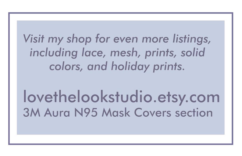 May include: A rectangular graphic with a light blue background and a white border. Text includes a shop invitation for more listings, including lace, mesh, prints, solid colors, and holiday prints. The shop's Etsy address is lovethelookstudio.etsy.com.