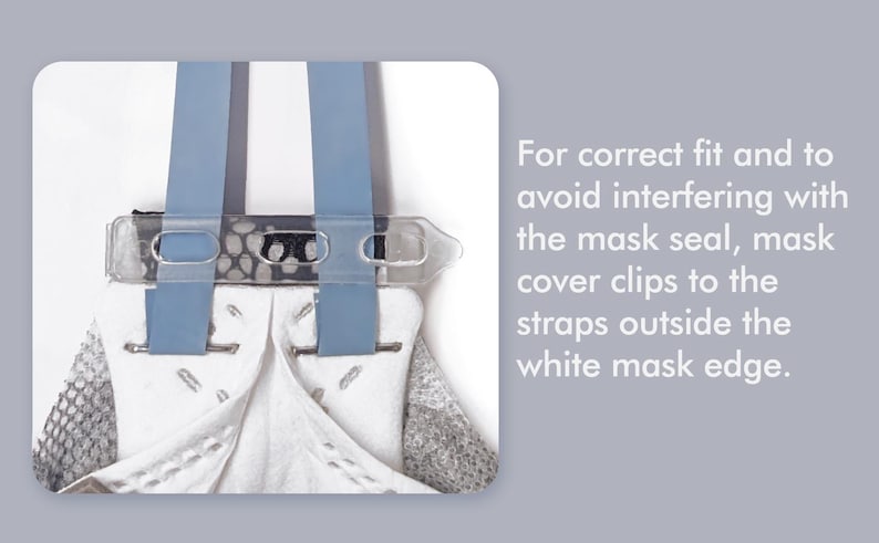 May include: A white mask with blue straps and a clear plastic clip. The text on the right side of the image reads: "For correct fit and to avoid interfering with the mask seal, mask cover clips to the straps outside the white mask edge."